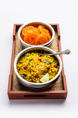 Aloo Poha with Jalebi, snack combination also called imarti and kande pohe