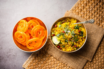 Aloo Poha with Jalebi, snack combination also called imarti and kande pohe