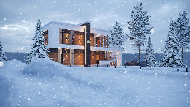 3D rendering of a modern lake house in winter. snow at home