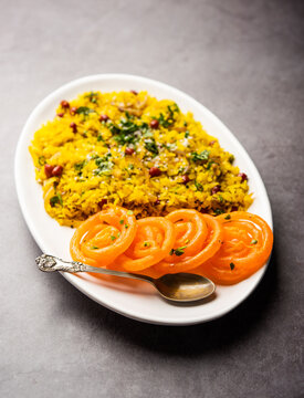 Aloo Poha With Jalebi, Snack Combination Also Called Imarti And Kande Pohe