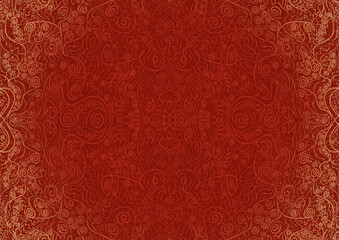 Hand-drawn unique abstract ornament. Light red on a bright red background, with vignette of same pattern and splatters in golden glitter. Paper texture. Digital artwork, A4. (pattern: p06a)