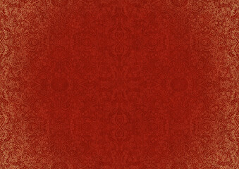 Fototapeta premium Hand-drawn unique abstract ornament. Light red on a bright red background, with vignette of same pattern and splatters in golden glitter. Paper texture. Digital artwork, A4. (pattern: p06b)