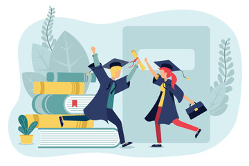 Fototapeta premium Graduate people celebrate graduation. Cartoon flat tiny group of happy graduating students celebrating graduation, holding school or college education diploma. Vector illustration.