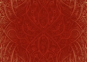 Fototapeta premium Hand-drawn unique abstract ornament. Light red on a bright red background, with vignette of same pattern and splatters in golden glitter. Paper texture. Digital artwork, A4. (pattern: p08-2a)