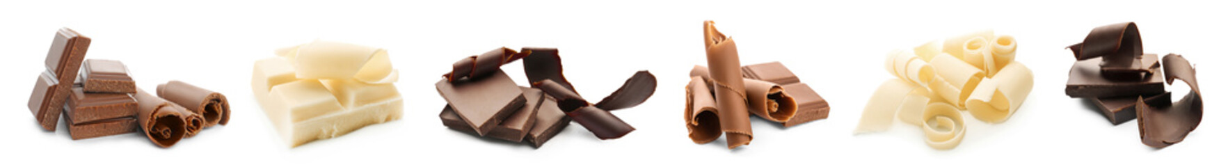 Set of different chocolate curls on white background