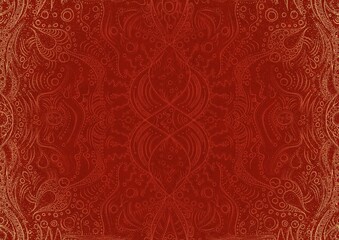 Hand-drawn unique abstract ornament. Light red on a bright red background, with vignette of same pattern and splatters in golden glitter. Paper texture. Digital artwork, A4. (pattern: p09a)