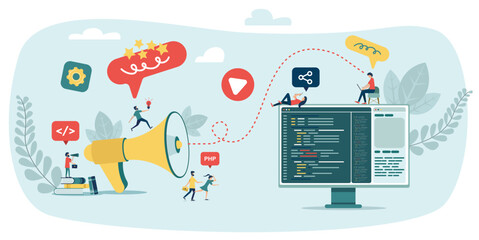 Communication between people. Speaker, Megaphone. Business meeting, communication between developers. Marking important dates and tasks. Business problem solving concept. Online communication problem.