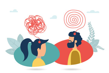 Vector illustration of messy complicated clew line transforming into orderly round element isolated on white background. Concept of solving problem, difficult situation, chaos and mess