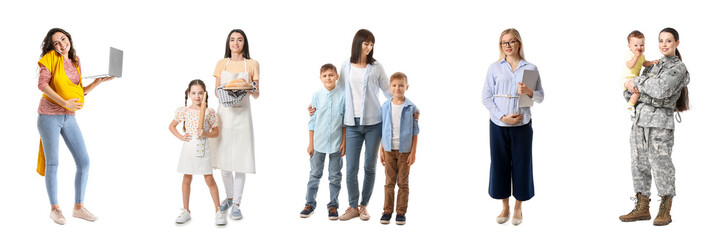 Obraz premium Collage of young mothers with their children on white background