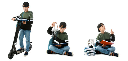 Set of cute little boy with books, scooter and lantern on white background