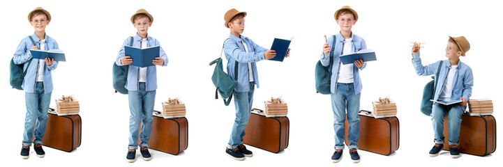 Set of cute little adventurer with book and luggage on white background
