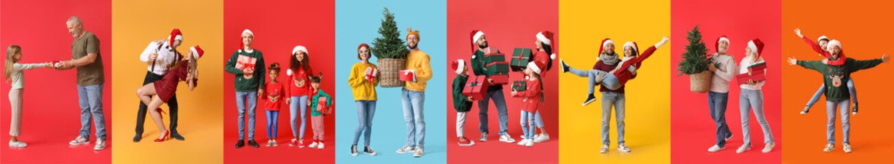 Set of happy family members celebrating Christmas and New Year on color background