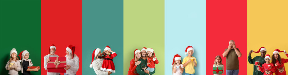 Set of happy family members celebrating Christmas and New Year on color background