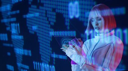 Woman with futuristic tablet in hand. Girl in glasses of virtual reality. Augmented reality, future technology, AI concept. Holographic interface to display data. Dark background.