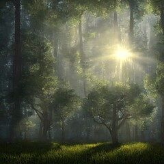 Obraz premium forest in light of fading sun, misty air