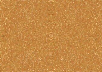 Hand-drawn unique abstract symmetrical seamless gold ornament on a yellow background. Paper texture. Digital artwork, A4. (pattern: p07-2a)