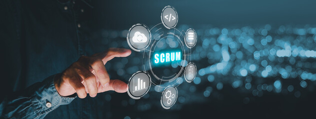 SCRUM, Man hand touching SCRUM icon on VR screen, Agile development methodology.