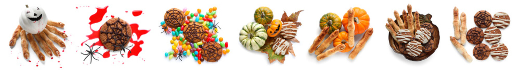 Collection of creative Halloween cookies on white background