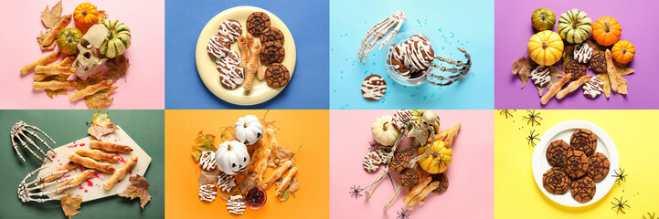 Collage of creative Halloween cookies on color background