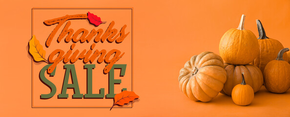 Advertising banner for Thanksgiving sale with pumpkins on orange background
