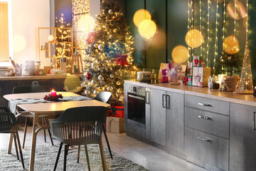 Beautifully decorated kitchen interior on Christmas eve