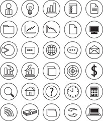 Set of various business and work related icons in circles, black and white line drawing vector image.