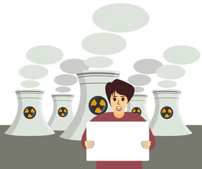 European woman with a blank poster against the backdrop of nuclear power plants stands for construction worldwide. Independent strong fre woman. Nuclear plant for clean green energy production