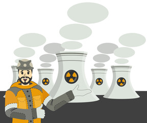 Production worker man in a helmet and uniform, overalls against the backdrop of nuclear power plants. Engineer talking about construction nuclear plant for clean green energy production