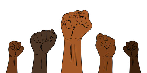 Raised fists of multicultural people of different skin tones and colors. Black lives matter. Group of protesters or activists. Demonstration, revolution, fighting for rights and justice.