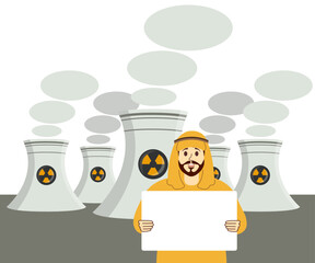 Arab man protests with a blank poster on the background of nuclear power plants. Nuclear plant for energy production. Clean green energy without emissions of gases into the atmosphere. flat vector