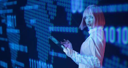 Woman with futuristic tablet in hand. Girl in glasses of virtual reality. Augmented reality, future technology, AI concept. Holographic interface to display data. Dark background.