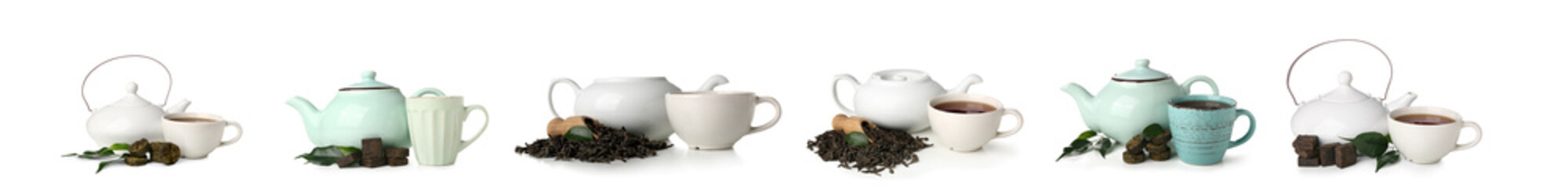 Set of tasty puer tea isolated on white