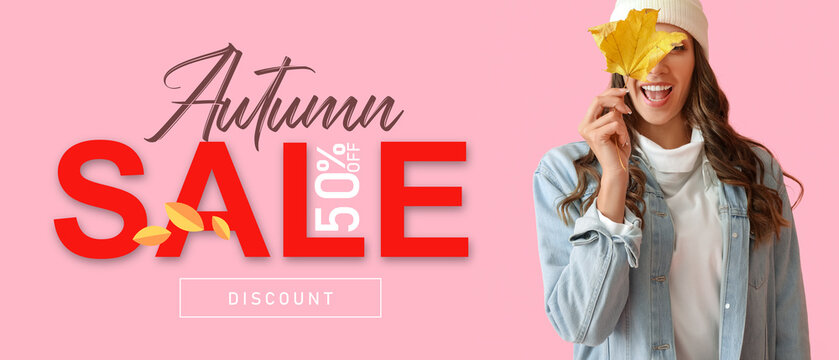 Beautiful young woman in stylish clothes on pink background. Banner for autumn sale
