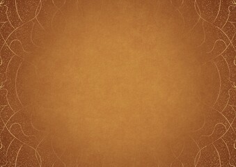 Yellow textured paper with vignette of darker color and golden hand-drawn pattern with splatters of golden glitter. Copy space. Digital artwork, A4. (pattern: p08-1b)