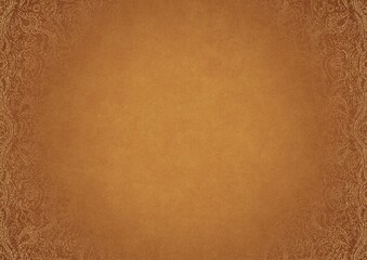 Yellow textured paper with vignette of darker color and golden hand-drawn pattern with splatters of golden glitter. Copy space. Digital artwork, A4. (pattern: p09b)