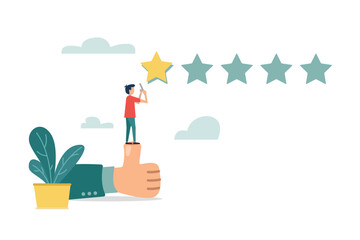 Feedback, bad review or one star customer feedback, terrible or poor quality user experience, low rating result or disappointment concept, unhappy man on thumb down giving bad review star.