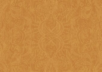 Hand-drawn unique abstract symmetrical seamless ornament light yellow on a darker yellow background, paper texture. Digital artwork, A4. (pattern: p09a)