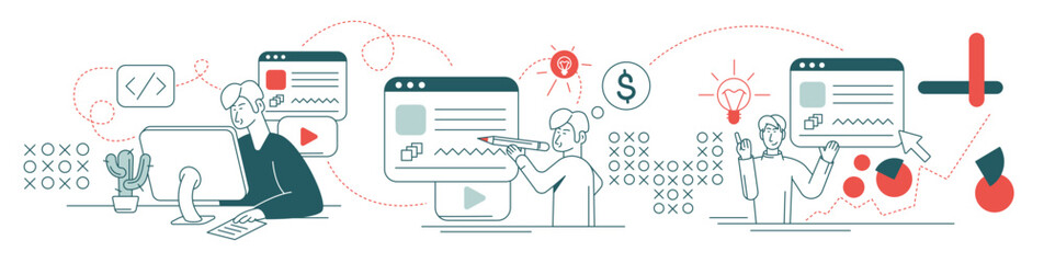 Business Marketing illustrations. Collection of scenes with men taking part in business activities. Web development. Setting up a website. Marking important dates and tasks. Business problem solving c