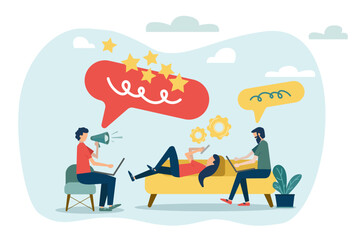 Business Marketing illustrations. Team of developers create global marketing strategy.  Macromarketing, analysis, reputation management, market analysis, abstract metaphor. 