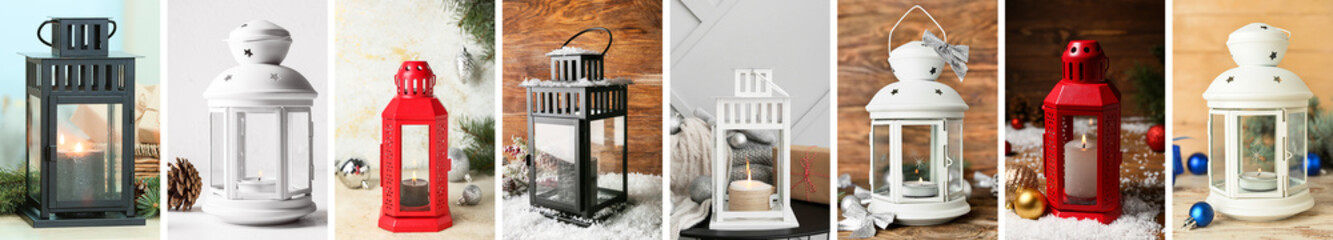 Collage with beautiful lanterns and Christmas decor