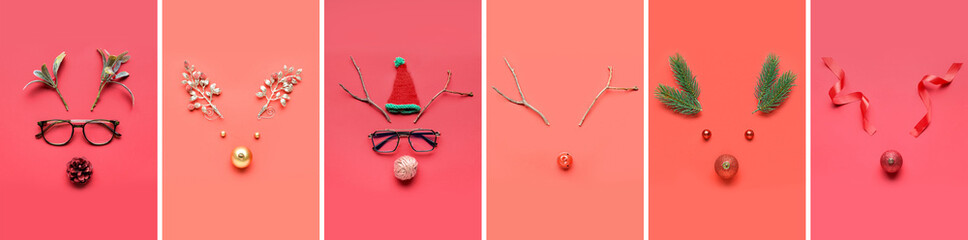 Fototapeta premium Collage of creative Christmas compositions with reindeer faces made of decorations on red background