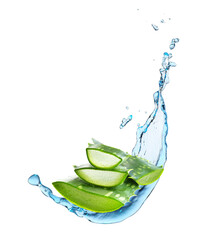 Aloe vera leaves with slices on white background