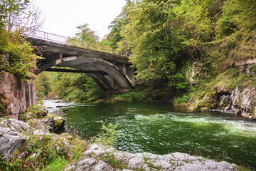 Fototapeta na wymiar Cement bridge over a mountain river. Mountain landscape, river and bridge.