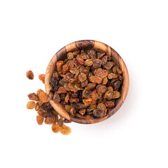 Wooden bowl with raisins as ingredient for tasty dessert