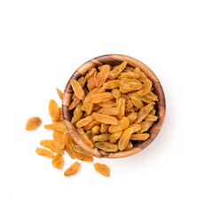 Wooden bowl with raisins as ingredient for tasty dessert