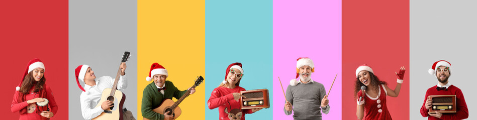 Set of people in Santa hats with different musical instruments and radio receivers on colorful...