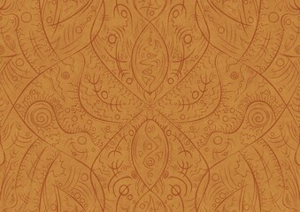 Hand-drawn unique abstract symmetrical seamless ornament. Light red on a yellow background. Paper texture. Digital artwork, A4. (pattern: p08-2a)