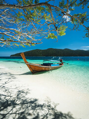 Scenic view of Koh Ra Wi Island white sand beach, clear turquoise sea and long tail boat against summer blue sky with dead tree trunk foreground. Near Koh Lipe Island, Tarutao, Satun, Thailand.