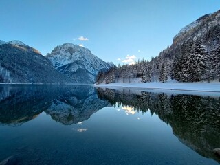 lake reflection of snow covered mountains, Lake Predil, Julian Alps