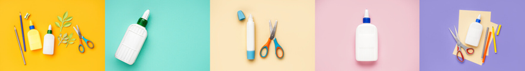 Set of glue and different stationery on color background